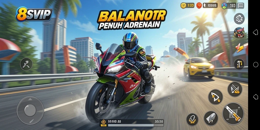 Screenshot gameplay 8SVIP menampilkan balapan motor yang intens dan seru.