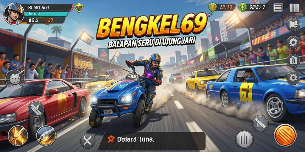 Screenshot gameplay BENGKEL69 menampilkan aksi balap yang intens.