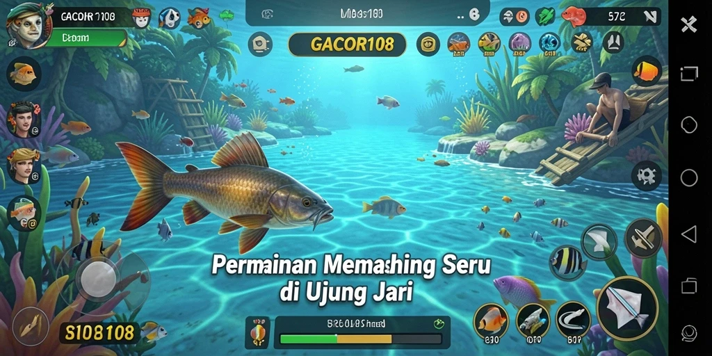 Screenshot utama menunjukkan gameplay seru GACOR108 saat menangkap ikan.