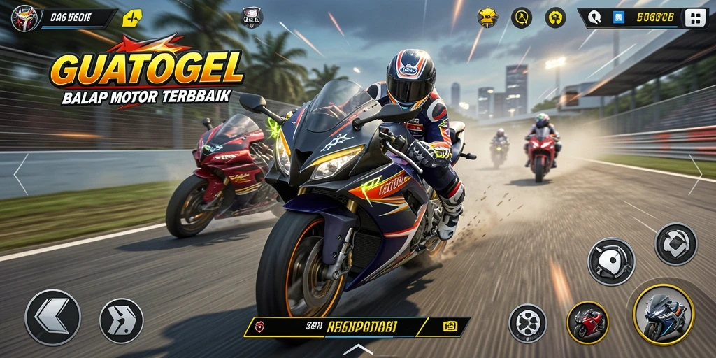 Screenshot gameplay GUATOGEL dengan aksi balap motor yang mendebarkan.