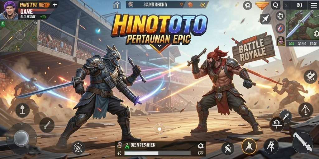 Gameplay HINOTOTO yang penuh aksi di arena Battle Royale.