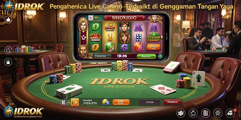 Screenshot gameplay <strong>IDROK</strong> menampilkan dealer ramah dan suasana kasino yang nyata.