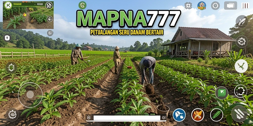 Screenshot gameplay <strong>MAPNA777</strong> menampilkan ladang yang subur dan hewan ternak.