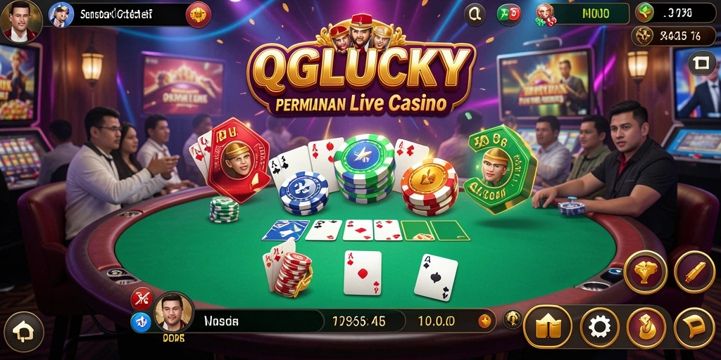 Screenshot gameplay QGLUCKY menampilkan dealer live dan interaksi pemain.