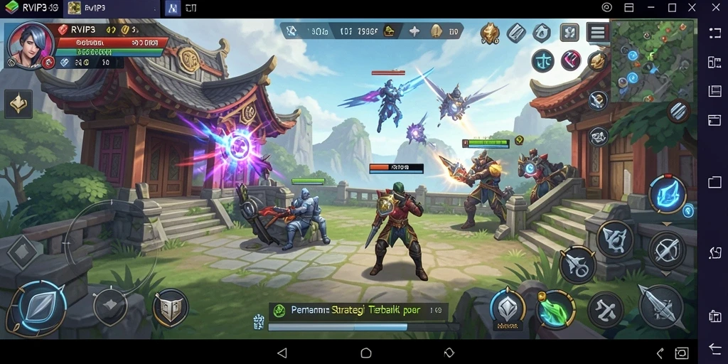 Screenshot gameplay RVIP3 menampilkan pertempuran strategi epik dan pembangunan kerajaan.