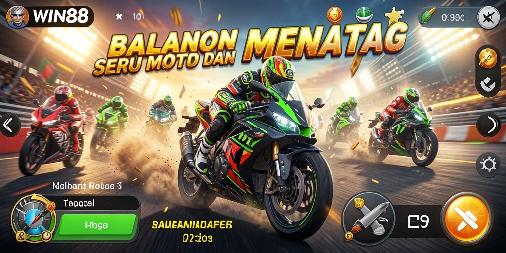 Tampilan gameplay WIN88 menampilkan balapan motor yang seru dan adrenalin tinggi.